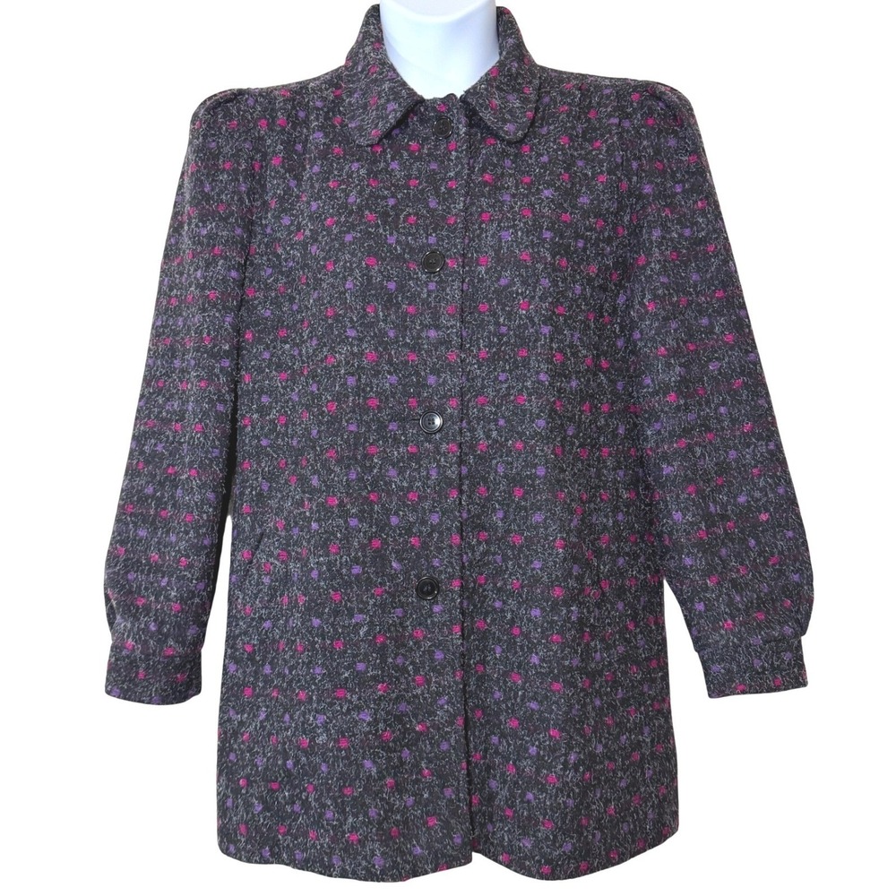 Vintage 80s Wool Coat Womens 12 Karizma Purple Pink Button Down Geo polkadot USA